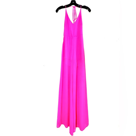 Lush Neon Pink Flowy Sheer Strappy Wide Leg Halter Jumpsuit - Picture 2 of 10